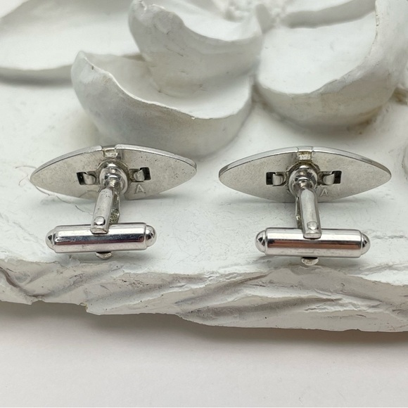 VINTAGE Anson Cufflinks Blue Grey Cabochon Silver Tone Eye Shaped Chunky Signed - Picture 4 of 8